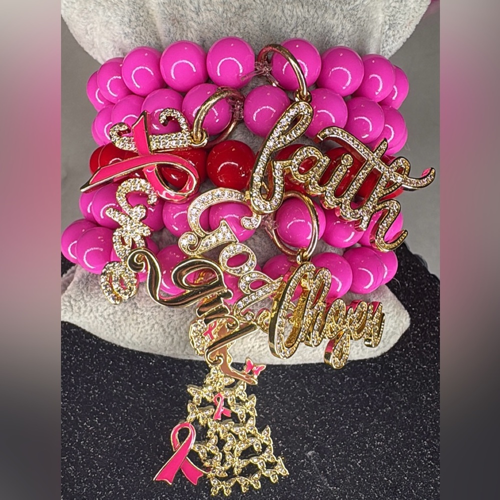 5 Stacked Inspiring F*ck Cancer Bold Pink Beaded Charm Bracelets